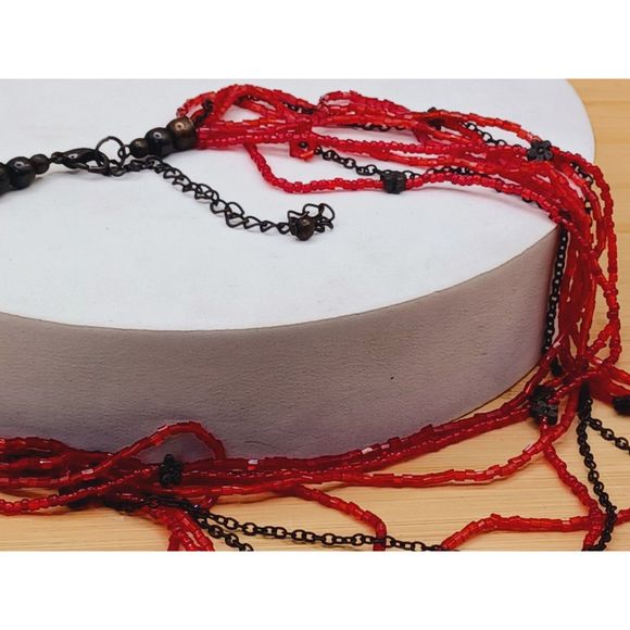 Vintage Multi Strand Layered Red Seed Beads and Bronze Color Flower Necklace - Picture 4 of 9